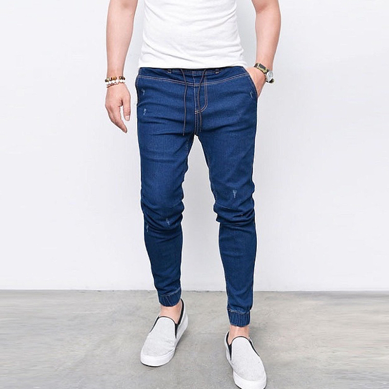 S-4XL Men Denim solid color outdoor jeans slim pencil long pants men's elastic waist pockets trousers casual jeans