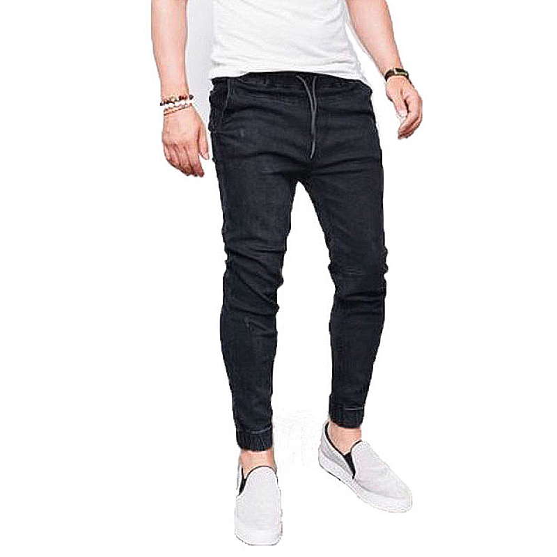 S-4XL Men Denim solid color outdoor jeans slim pencil long pants men's elastic waist pockets trousers casual jeans
