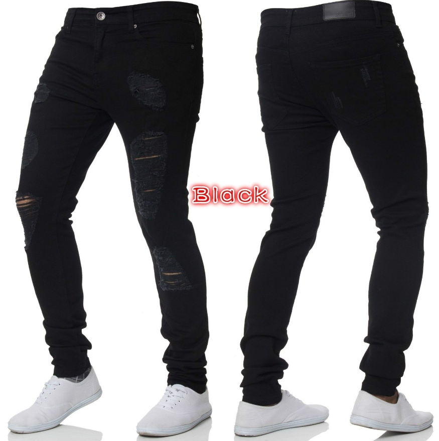 New Fashion Men's Pencil Pants Jeans Cool Man Hole Washed Beggar Distressed Slim Denim Trousers