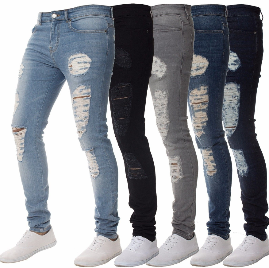 New Fashion Men's Pencil Pants Jeans Cool Man Hole Washed Beggar Distressed Slim Denim Trousers