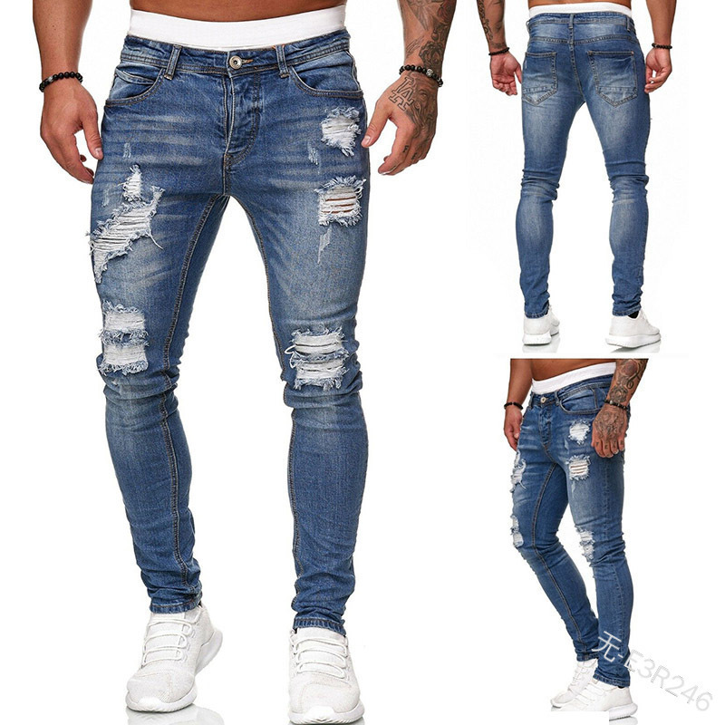  New men's jeans cross-border broken hole trend black slim jeans
