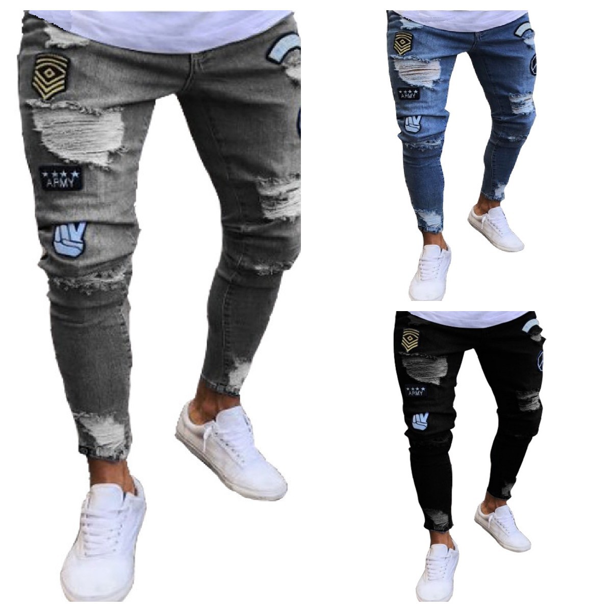  New men's jeans cross-border broken hole trend black slim jeans