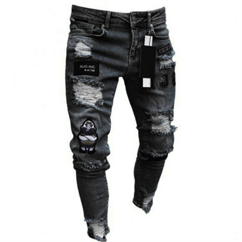  New men's jeans cross-border broken hole trend black slim jeans