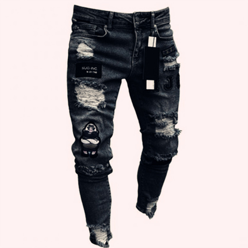  New men's jeans cross-border broken hole trend black slim jeans