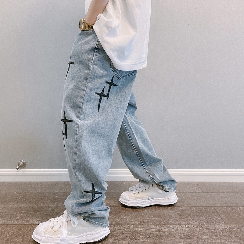 New Embroidered Jeans Men Straight Loose Wide-leg Pants Spring And Autumn Korean Fashion High Street Hip Hop Style Male 