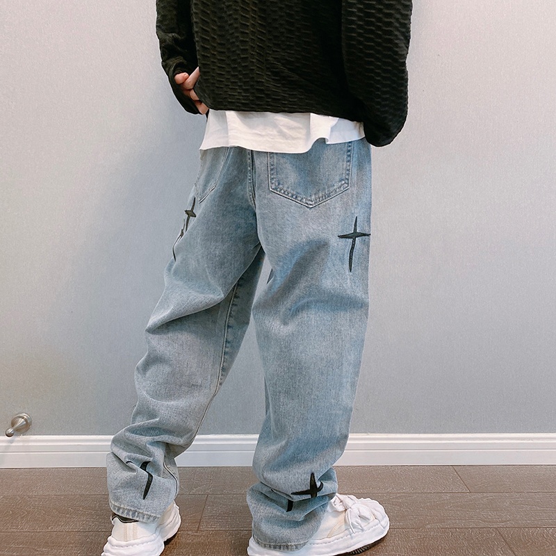 New Embroidered Jeans Men Straight Loose Wide-leg Pants Spring And Autumn Korean Fashion High Street Hip Hop Style Male 