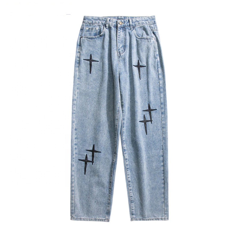 New Embroidered Jeans Men Straight Loose Wide-leg Pants Spring And Autumn Korean Fashion High Street Hip Hop Style Male 