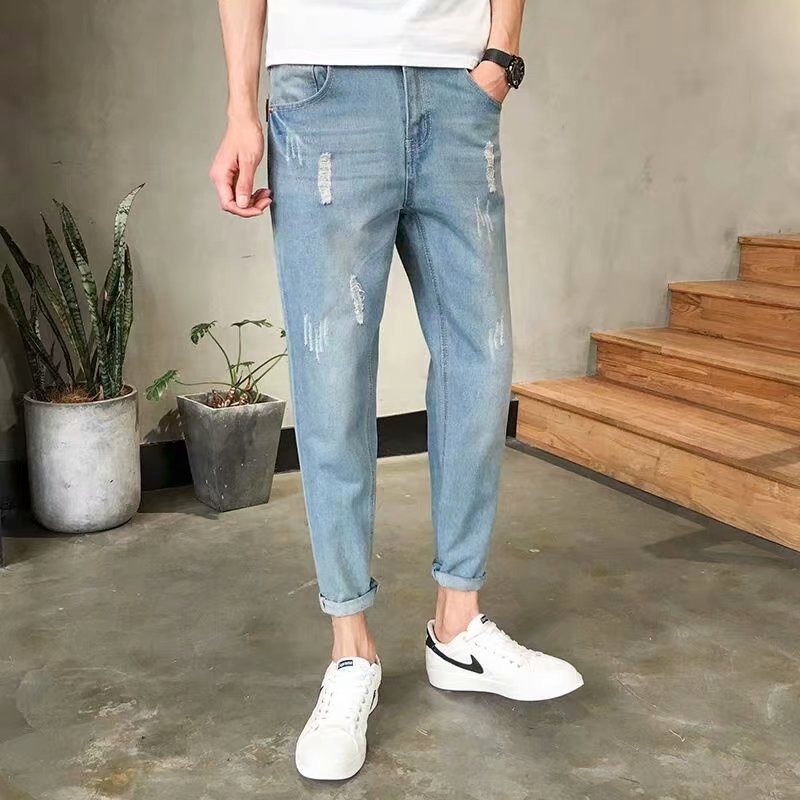 Spring and autumn new slim-fit elastic pants men small feet broken nine-minute jeans rough edge beggar pants men