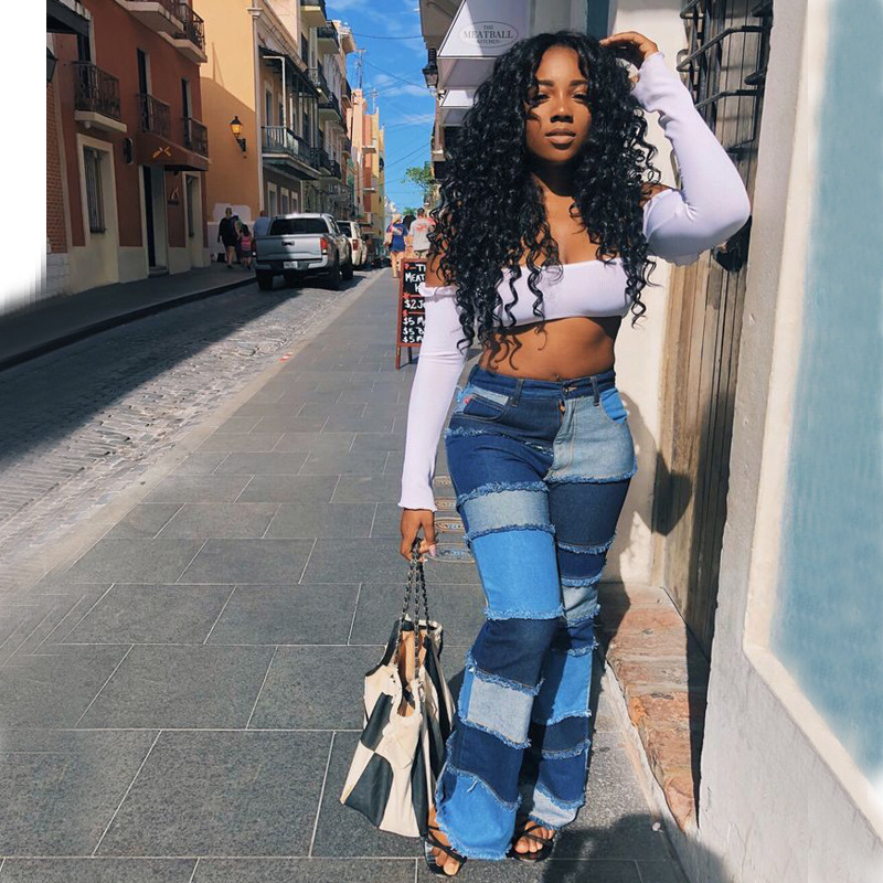 New Fashion Casual Ladies Flare Bell Bottom High Waist Ripped Denim Pants Women Jeans