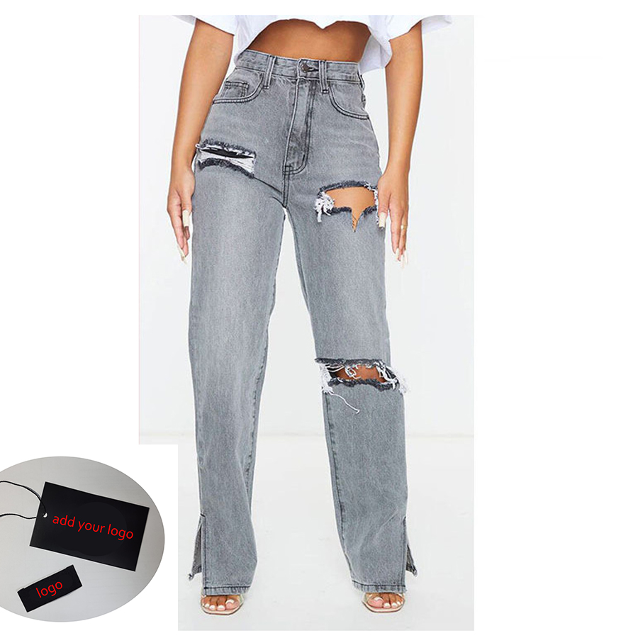 New Arrivals Fashion Loose Light Blue Grey Denim Pants Hole Straight Jeans Pants Wide Leg Ripped Jeans For Women