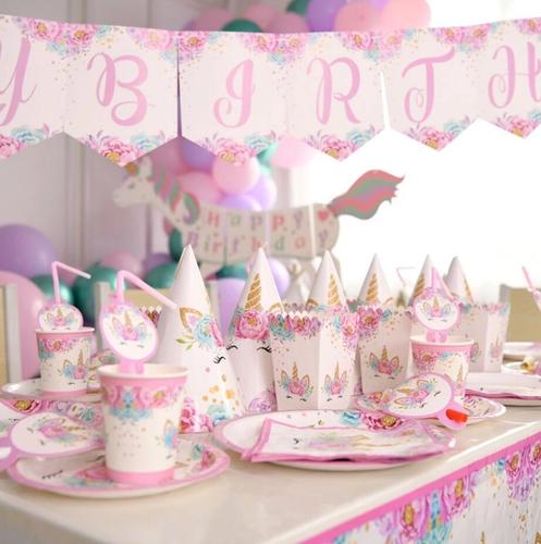 Party Favor Stock Supplies Girls Pink Party Birthday Paper Disposable Tableware Set