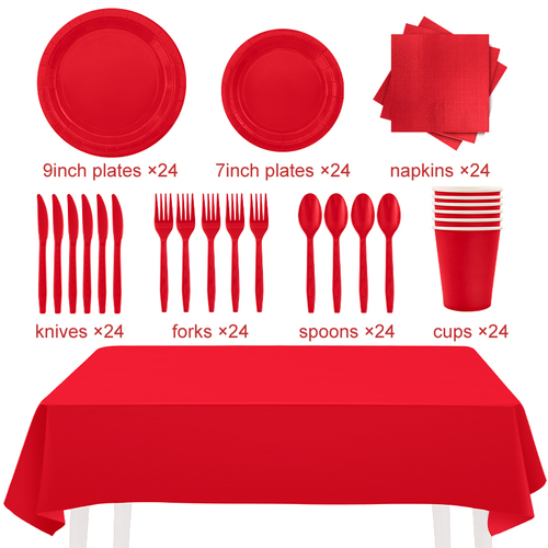24guests disposable solid color dinnerware set Paper plates cups napkins party supply Paper plates tableware set