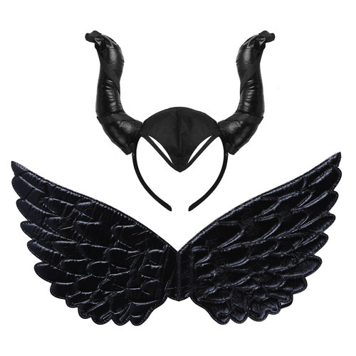 2020 Kids Halloween Cosplay Black Ox Horn Hair Hoop Headdress Headband Hairband & Wings Cosplay Party Performance Costum