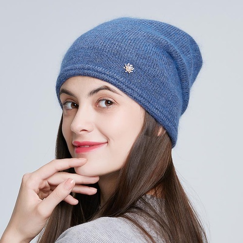 Casual Women Winter Knitted Hats With Fashion Rhinestone Warm Angola Rabbit Fur Double Layer Cable Beanie  Ski 