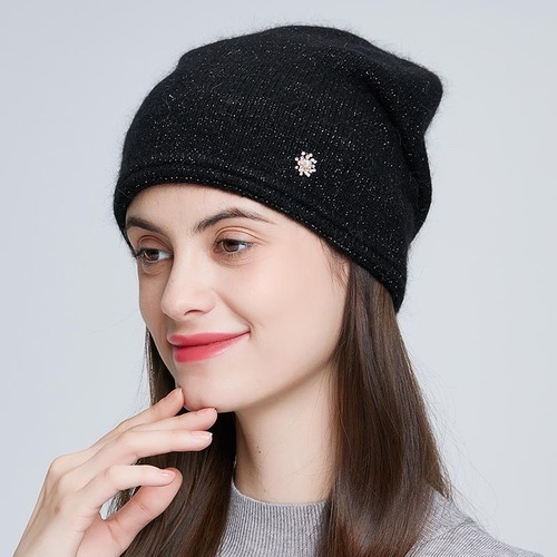 Casual Women Winter Knitted Hats With Fashion Rhinestone Warm Angola Rabbit Fur Double Layer Cable Beanie  Ski 
