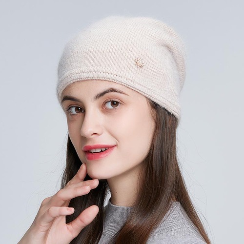 Casual Women Winter Knitted Hats With Fashion Rhinestone Warm Angola Rabbit Fur Double Layer Cable Beanie  Ski 