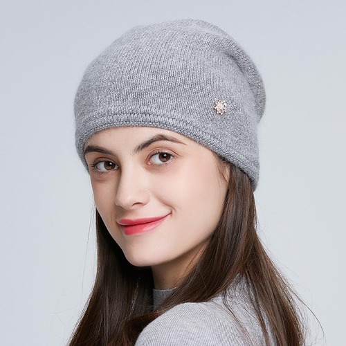 Casual Women Winter Knitted Hats With Fashion Rhinestone Warm Angola Rabbit Fur Double Layer Cable Beanie  Ski 