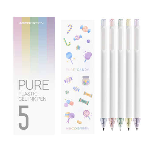 KACO PURE CANDY 5 Pieces Retractable Cute Gel Ink Pens with Sticker Soft Rubber Pen 0.5mm Fine Point Pen Sets Refillable