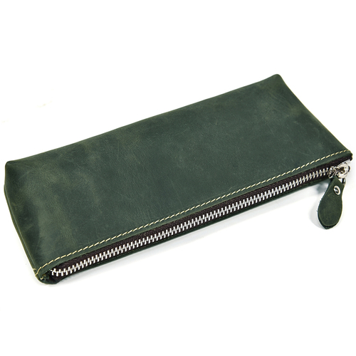 Large Capacity Unisex Crazy Horse Leather Pen Case Zippered Pencil Pouch Handmade Cow Leather Pen Bag For Student