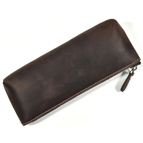 Large Capacity Unisex Crazy Horse Leather Pen Case Zippered Pencil Pouch Handmade Cow Leather Pen Bag For Student