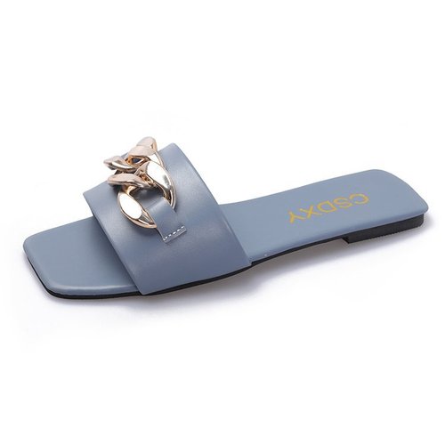2023 New Designer Square Toe Women's Summer Flat Sandals Fashion Chain Slippers Sandals Ladies Flip Flops Casual Beach S