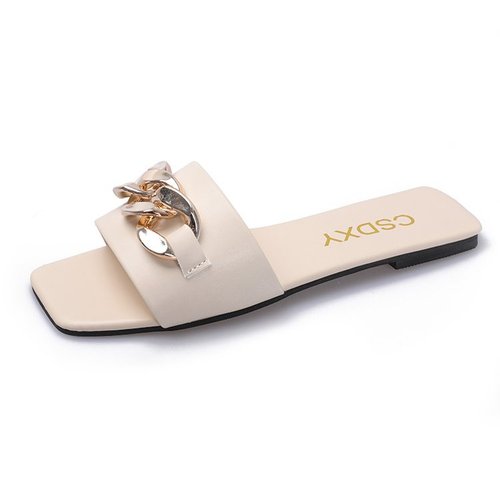 2023 New Designer Square Toe Women's Summer Flat Sandals Fashion Chain Slippers Sandals Ladies Flip Flops Casual Beach S