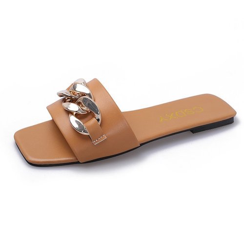 2023 New Designer Square Toe Women's Summer Flat Sandals Fashion Chain Slippers Sandals Ladies Flip Flops Casual Beach S