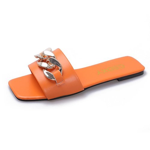 2023 New Designer Square Toe Women's Summer Flat Sandals Fashion Chain Slippers Sandals Ladies Flip Flops Casual Beach S