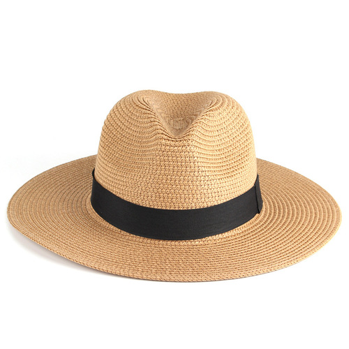 Fashion Design   Women Wide Brim Straw Panama Roll up Hat Belt Buckle Fedora Beach Sun Hat