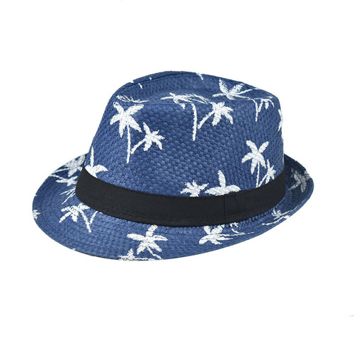 Hot selling summer straw bricked sunshade top hat men's coconut tree printed beach sunscreen small eaves papyrus Jazz