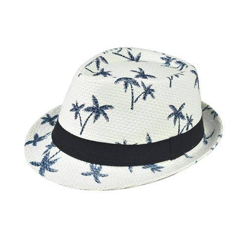 Hot selling summer straw bricked sunshade top hat men's coconut tree printed beach sunscreen small eaves papyrus Jazz