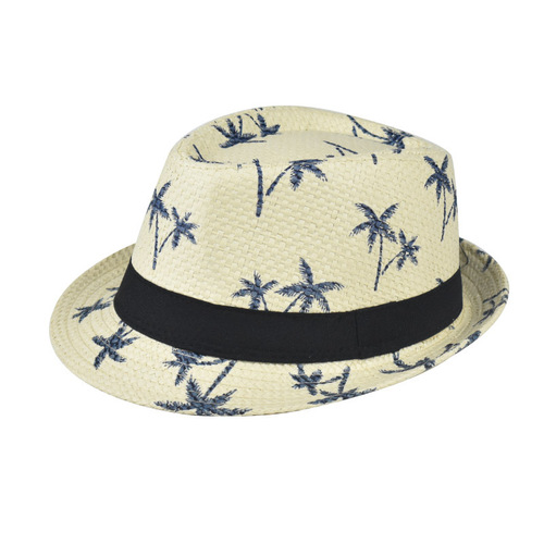Hot selling summer straw bricked sunshade top hat men's coconut tree printed beach sunscreen small eaves papyrus Jazz