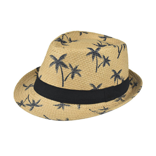Hot selling summer straw bricked sunshade top hat men's coconut tree printed beach sunscreen small eaves papyrus Jazz