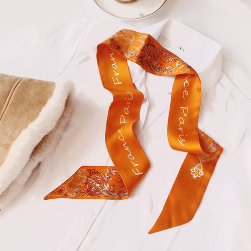 Small Ribbon Twill Silk Scarf Stripe Printing Satin Hair Scadrf for Ladies Silk