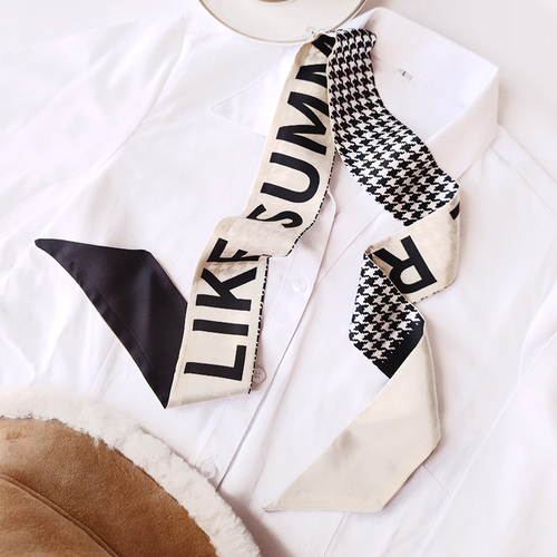 Small Ribbon Twill Silk Scarf Stripe Printing Satin Hair Scadrf for Ladies Silk