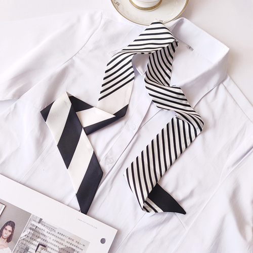 Small Ribbon Twill Silk Scarf Stripe Printing Satin Hair Scadrf for Ladies Silk