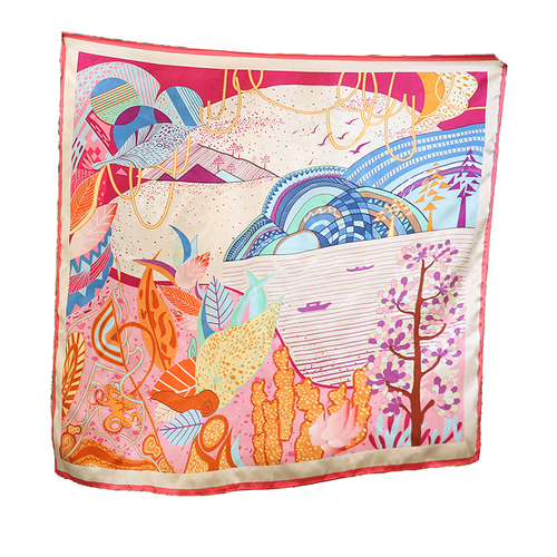 Printed Pure Satin Silk Art Scarf Square Neck Scarves For Lady