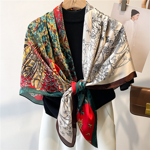 Fashion Scarves Women Shawl Silk Feeling Satin Hijabs Female Foulard Square Muslim Ladies Print Scarf Beach Headscarf