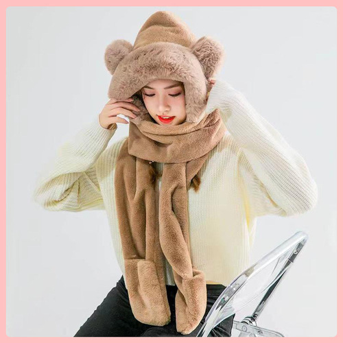 Hot sell Personalized Women Girl Cute Bear Warm Winter Thick Earflap Hood Hat Scarf 3 In All Set