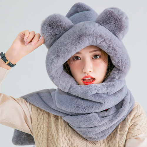 Hot sell Personalized Women Girl Cute Bear Warm Winter Thick Earflap Hood Hat Scarf 3 In All Set