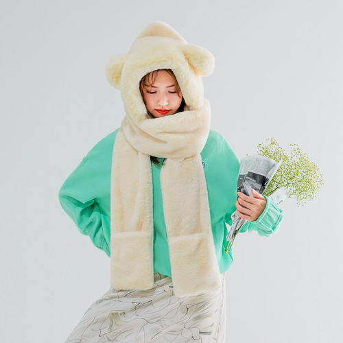 Hot sell Personalized Women Girl Cute Bear Warm Winter Thick Earflap Hood Hat Scarf 3 In All Set