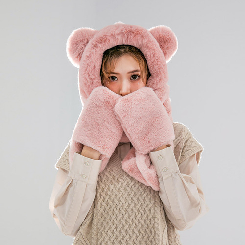 Hot sell Personalized Women Girl Cute Bear Warm Winter Thick Earflap Hood Hat Scarf 3 In All Set