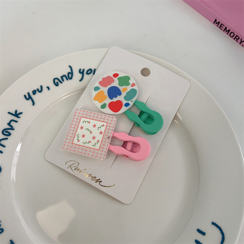 Female children's colorful shell acrylic geometric hand-painted graffiti flower hairpin pair clip