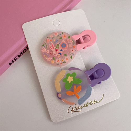 Female children's colorful shell acrylic geometric hand-painted graffiti flower hairpin pair clip