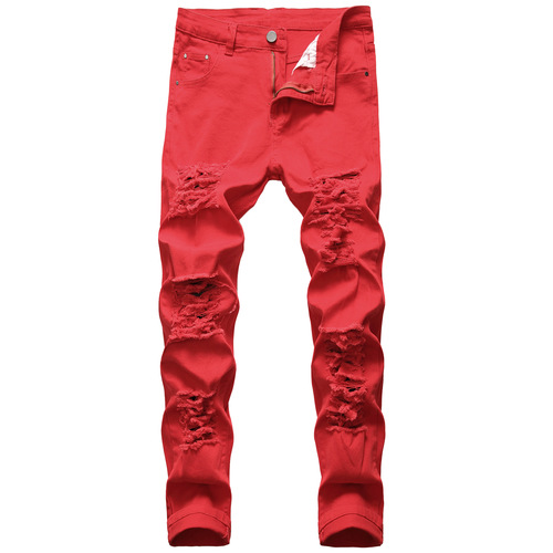 Men's red black jeans white jeans casual big hole stretch trousers Slim denim men's multi-hole jeans pants for men