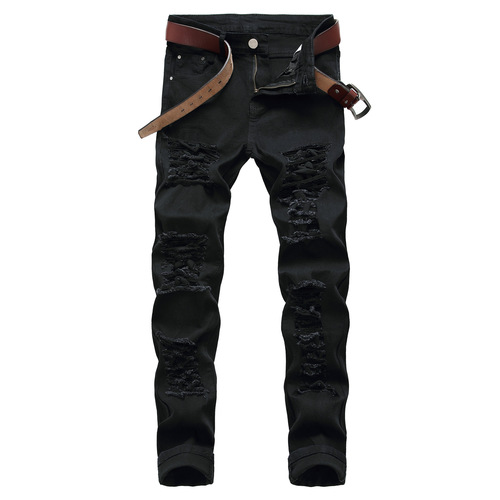 Men's red black jeans white jeans casual big hole stretch trousers Slim denim men's multi-hole jeans pants for men