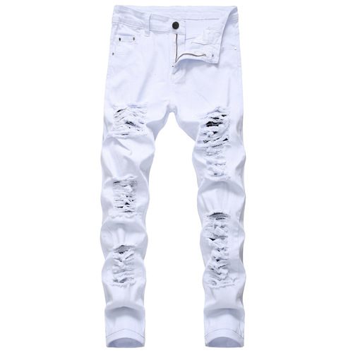 Men's red black jeans white jeans casual big hole stretch trousers Slim denim men's multi-hole jeans pants for men