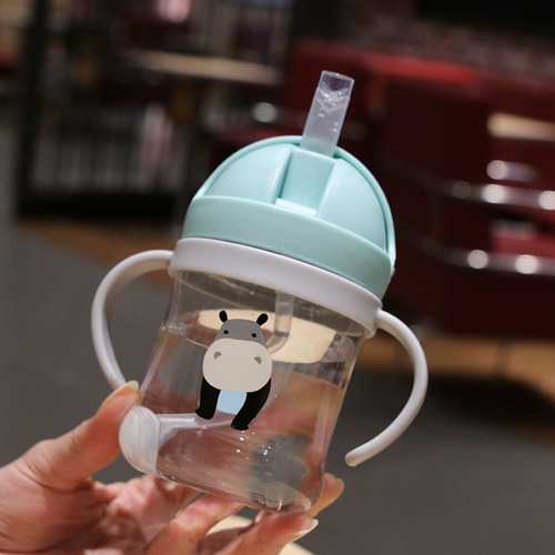 Cartoon Children's Plastic Straw Water Bottle Cup With Scale Baby Cute Drop-proof And Leak-proof Portable Water Cup With