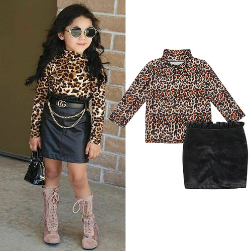 In Stock Fashion Girls Full Sleeve Leopard Tops Blouses Solid Skirts Kids Baby Girls Clothing Set Toddler Clothes 12m-6y
