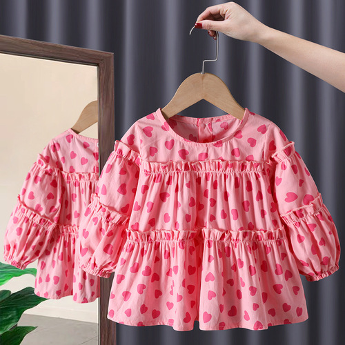 New Girls Lovely Shirt Cute Heart Printing Children's Long Sleeve Top Baby Clothing Little Kids Blouses & Shirts